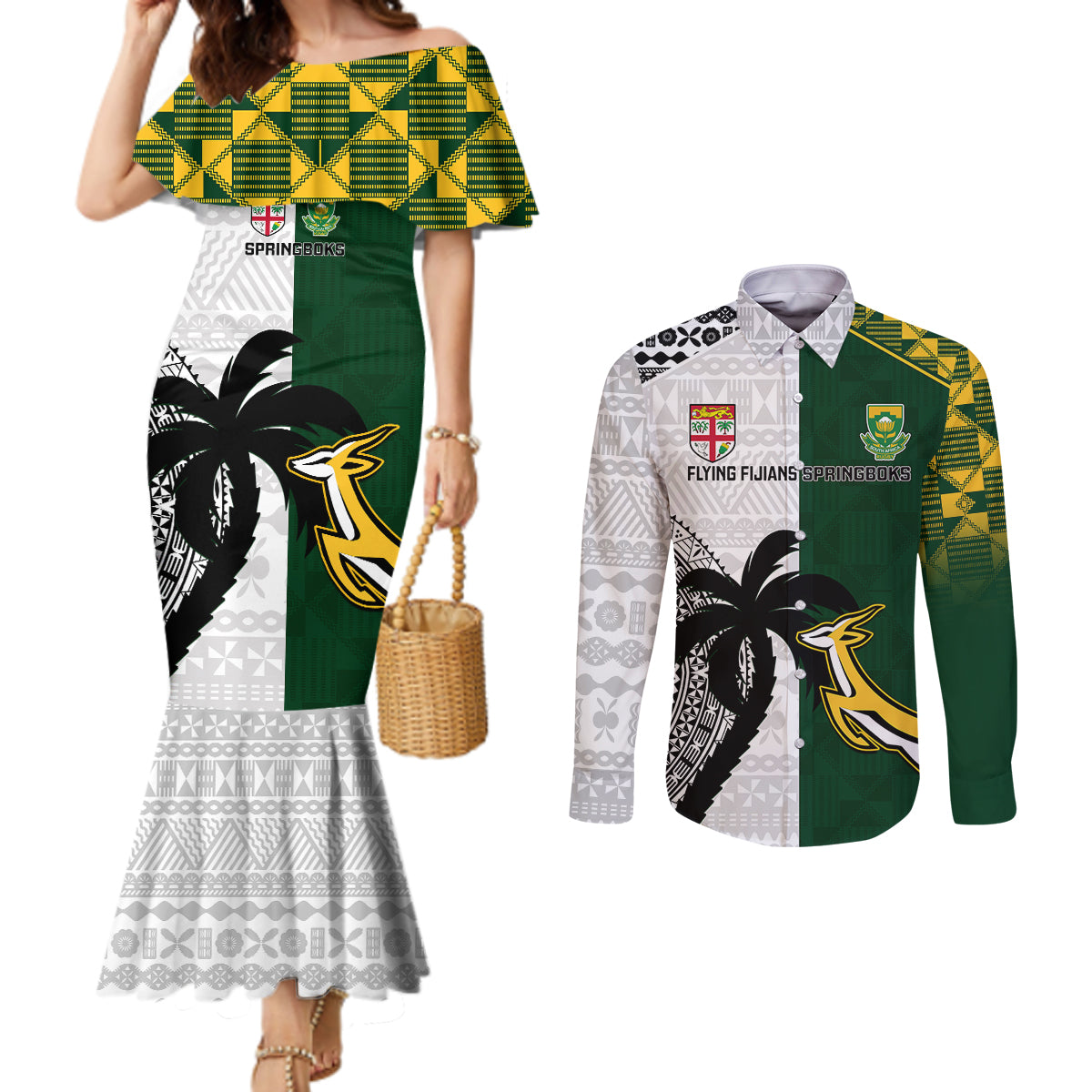 Custom South Africa And Fiji Rugby Couples Matching Mermaid Dress and Long Sleeve Button Shirts 2023 World Cup Fijian Tapa With Kente Pattern LT14 Green - Polynesian Pride