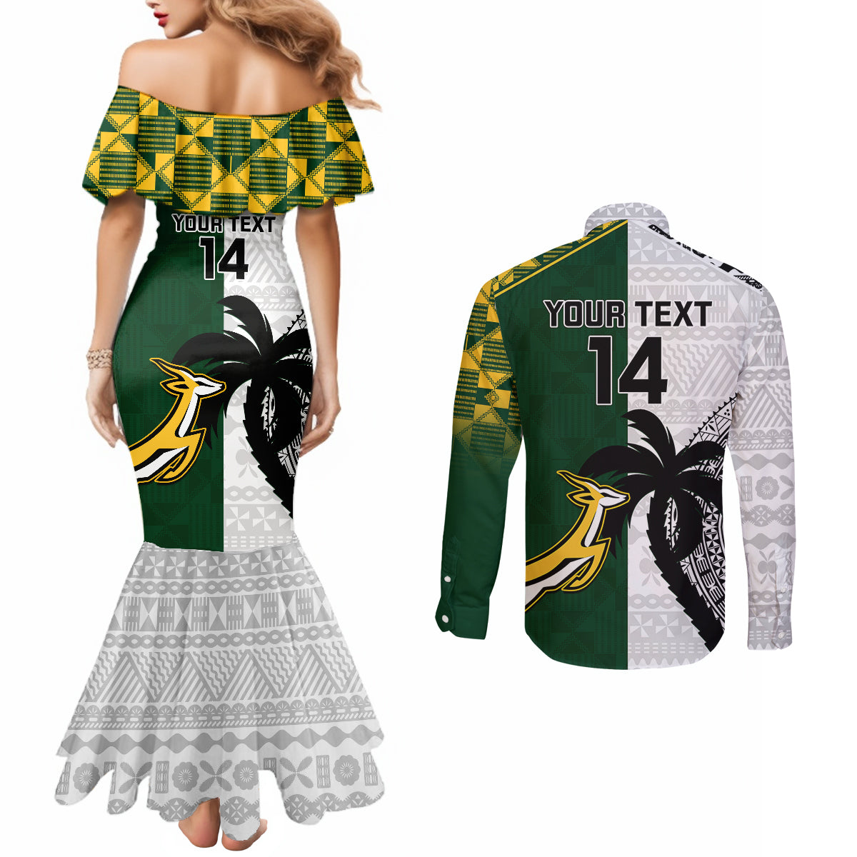 Custom South Africa And Fiji Rugby Couples Matching Mermaid Dress and Long Sleeve Button Shirts 2023 World Cup Fijian Tapa With Kente Pattern LT14 - Polynesian Pride