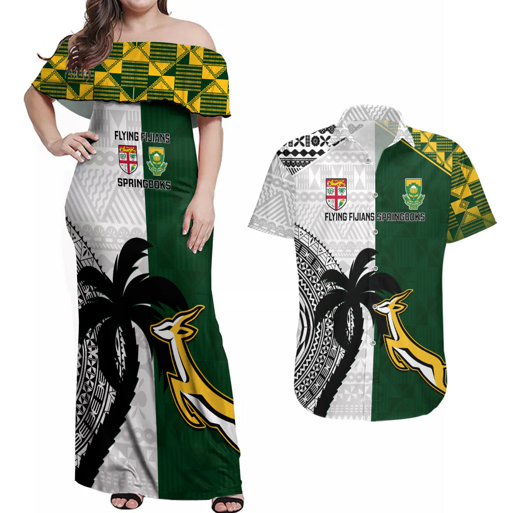 Custom South Africa And Fiji Rugby Couples Matching Off Shoulder Maxi Dress and Hawaiian Shirt 2023 World Cup Fijian Tapa With Kente Pattern LT14 Green - Polynesian Pride