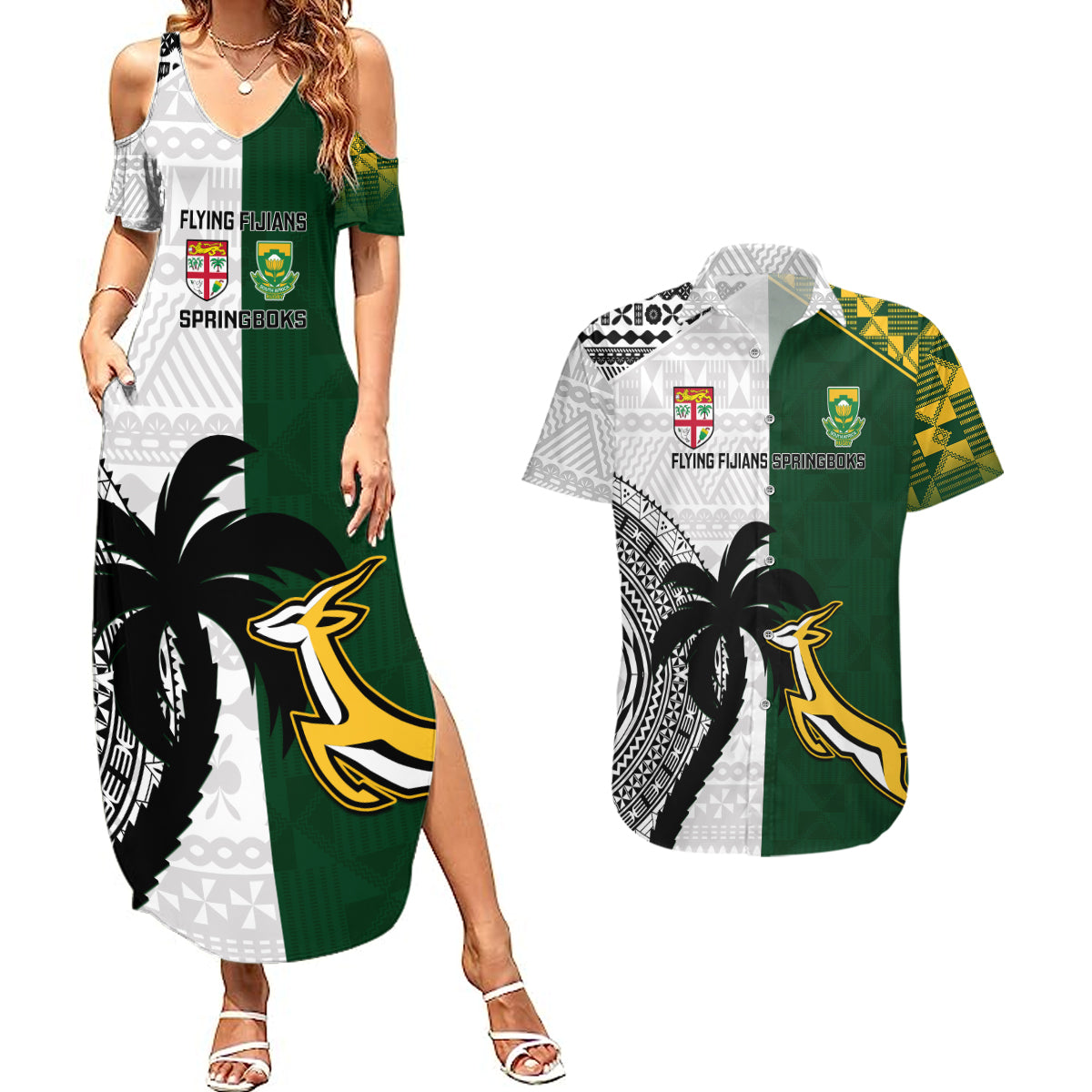 Custom South Africa And Fiji Rugby Couples Matching Summer Maxi Dress and Hawaiian Shirt 2023 World Cup Fijian Tapa With Kente Pattern LT14 Green - Polynesian Pride