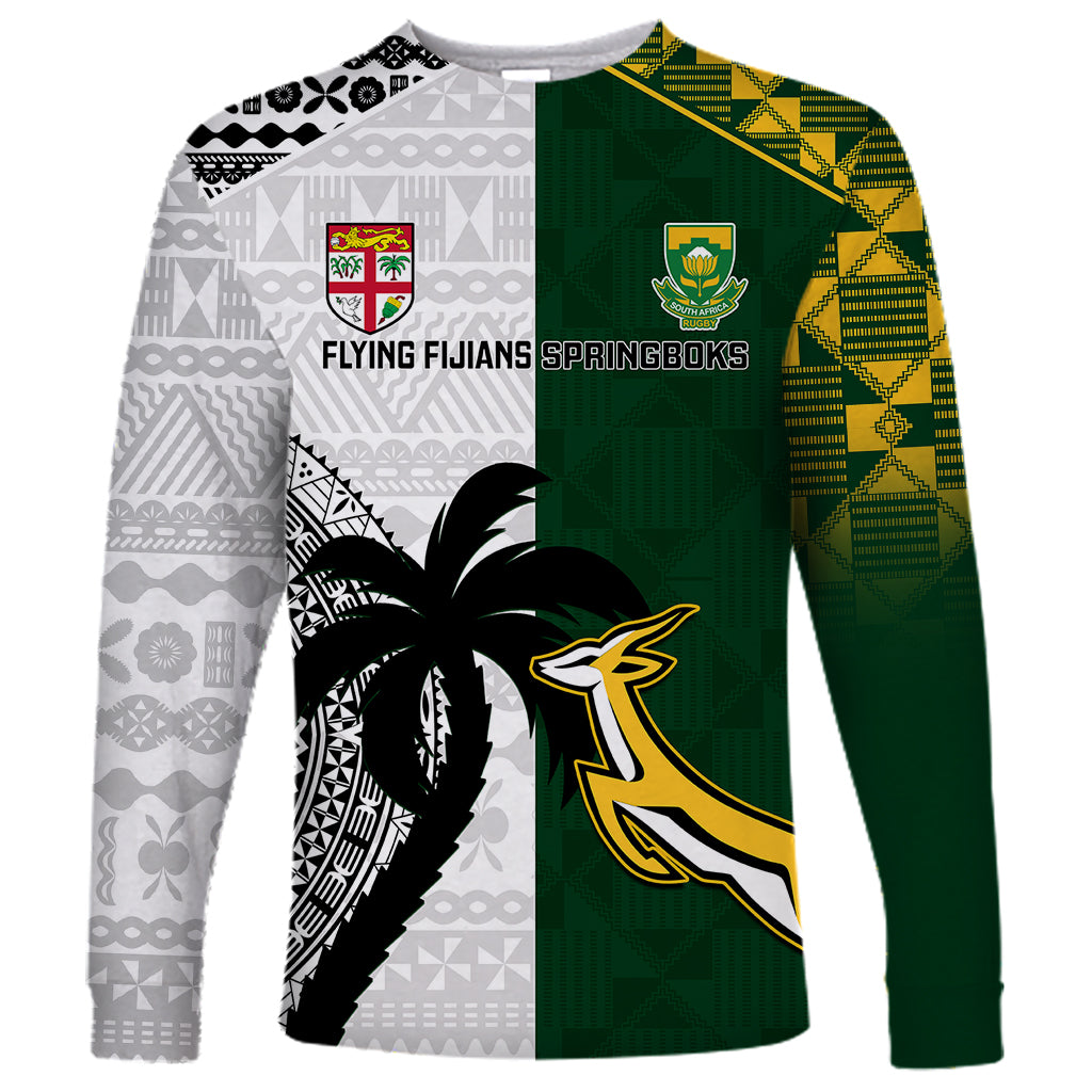 Custom South Africa And Fiji Rugby Long Sleeve Shirt 2023 World Cup Fijian Tapa With Kente Pattern LT14 Unisex Green - Polynesian Pride