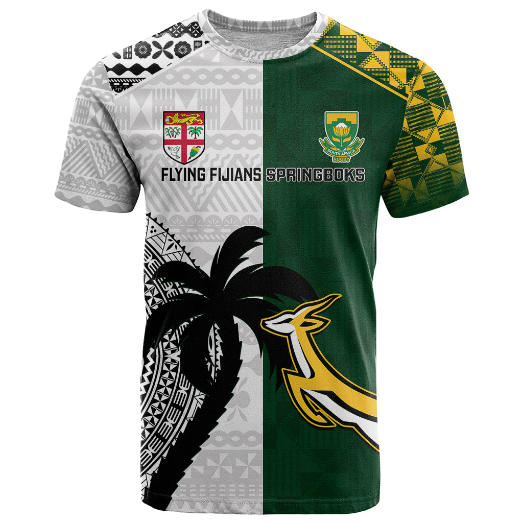 Custom South Africa And Fiji Rugby T Shirt 2023 World Cup Fijian Tapa With Kente Pattern LT14 Green - Polynesian Pride