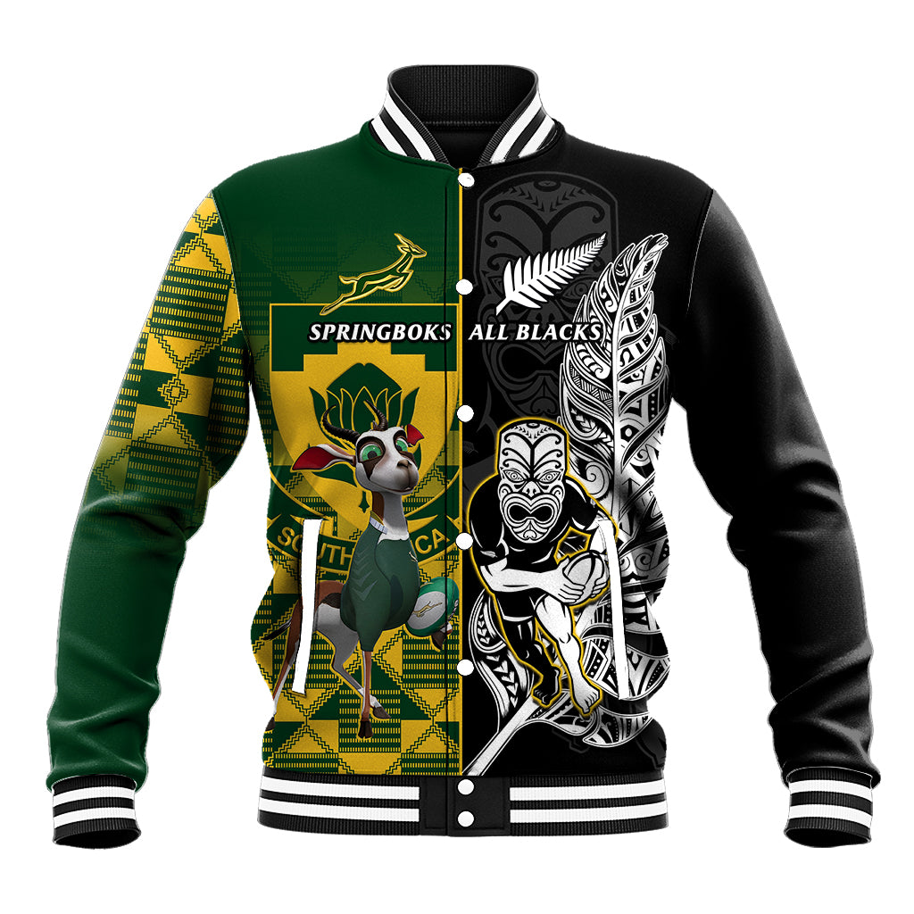 South Africa And Aotearoa Rugby Baseball Jacket 2023 Springboks Kente Combine All Black Maori Fern LT14 Unisex Green - Polynesian Pride