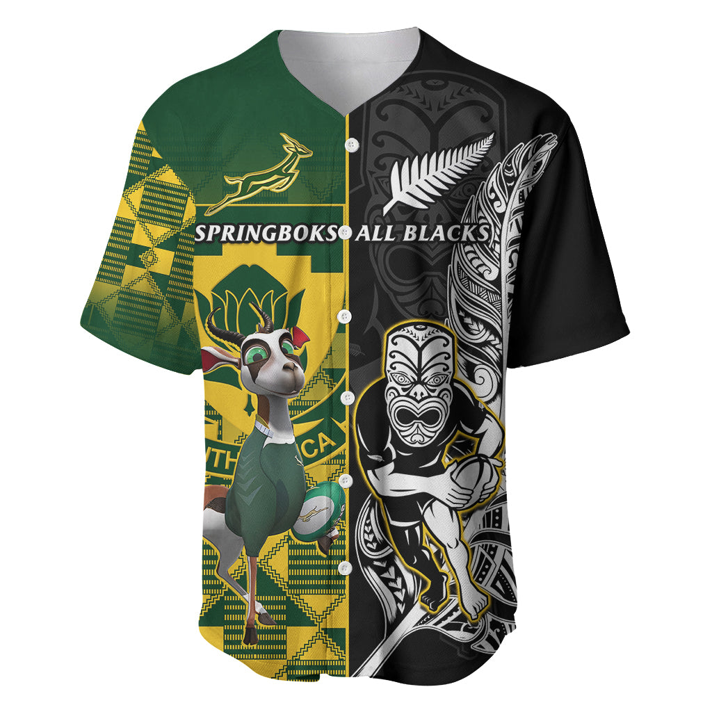 South Africa And Aotearoa Rugby Baseball Jersey 2023 Springboks Kente Combine All Black Maori Fern LT14 Green - Polynesian Pride