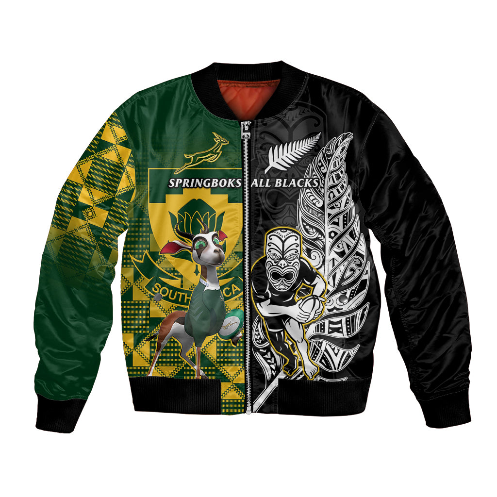 South Africa And Aotearoa Rugby Bomber Jacket 2023 Springboks Kente Combine All Black Maori Fern LT14 Unisex Green - Polynesian Pride