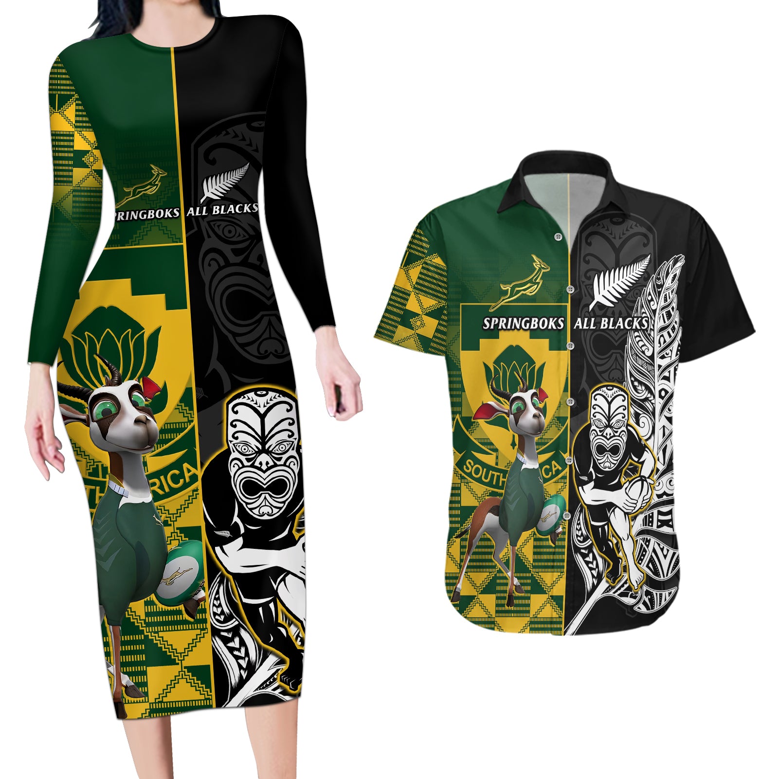 South Africa And Aotearoa Rugby Couples Matching Long Sleeve Bodycon Dress and Hawaiian Shirt 2023 Springboks Kente Combine All Black Maori Fern LT14 Green - Polynesian Pride