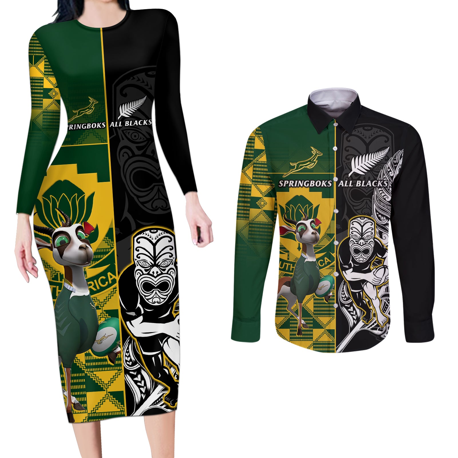 South Africa And Aotearoa Rugby Couples Matching Long Sleeve Bodycon Dress and Long Sleeve Button Shirts 2023 Springboks Kente Combine All Black Maori Fern LT14 Green - Polynesian Pride