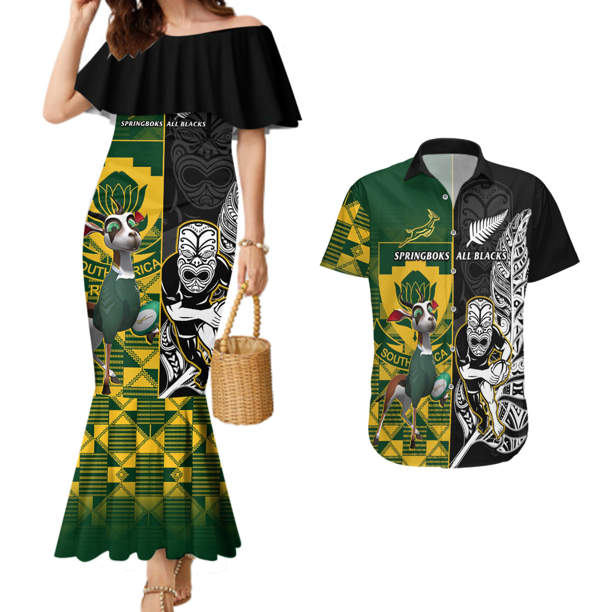 South Africa And Aotearoa Rugby Couples Matching Mermaid Dress and Hawaiian Shirt 2023 Springboks Kente Combine All Black Maori Fern LT14 Green - Polynesian Pride