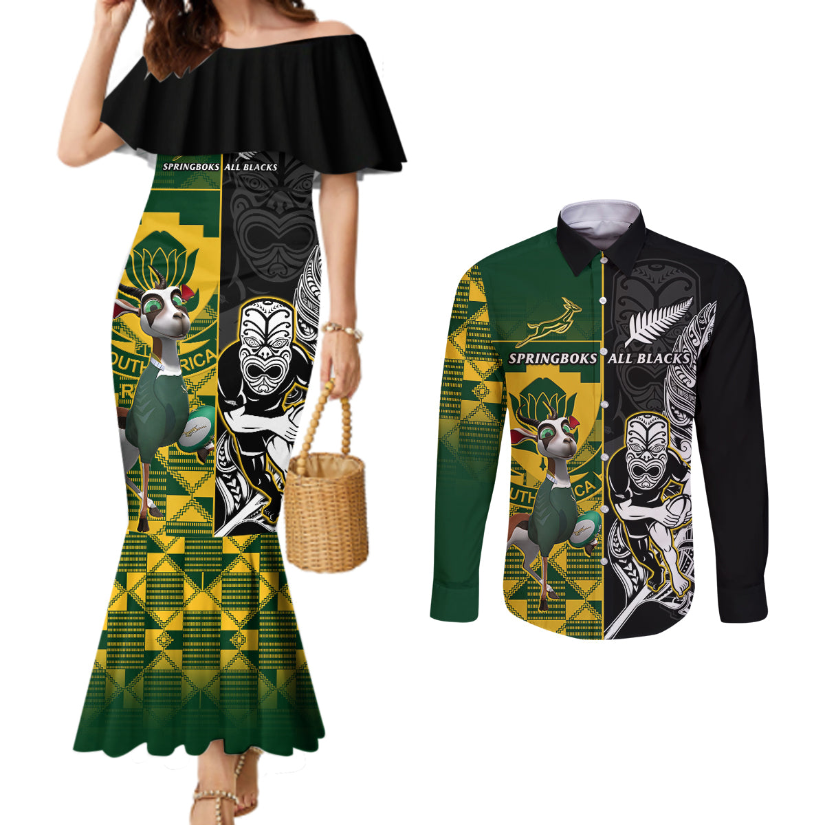 South Africa And Aotearoa Rugby Couples Matching Mermaid Dress and Long Sleeve Button Shirts 2023 Springboks Kente Combine All Black Maori Fern LT14 Green - Polynesian Pride