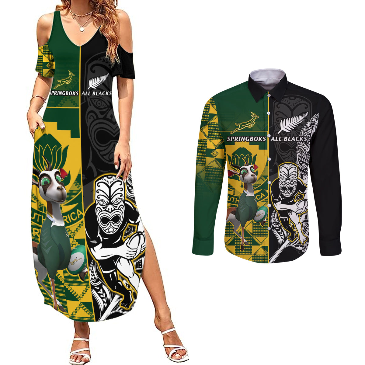 South Africa And Aotearoa Rugby Couples Matching Summer Maxi Dress and Long Sleeve Button Shirts 2023 Springboks Kente Combine All Black Maori Fern LT14 Green - Polynesian Pride