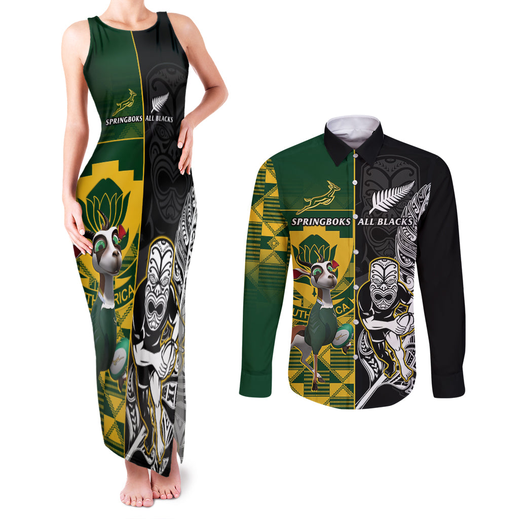 South Africa And Aotearoa Rugby Couples Matching Tank Maxi Dress and Long Sleeve Button Shirts 2023 Springboks Kente Combine All Black Maori Fern LT14 Green - Polynesian Pride