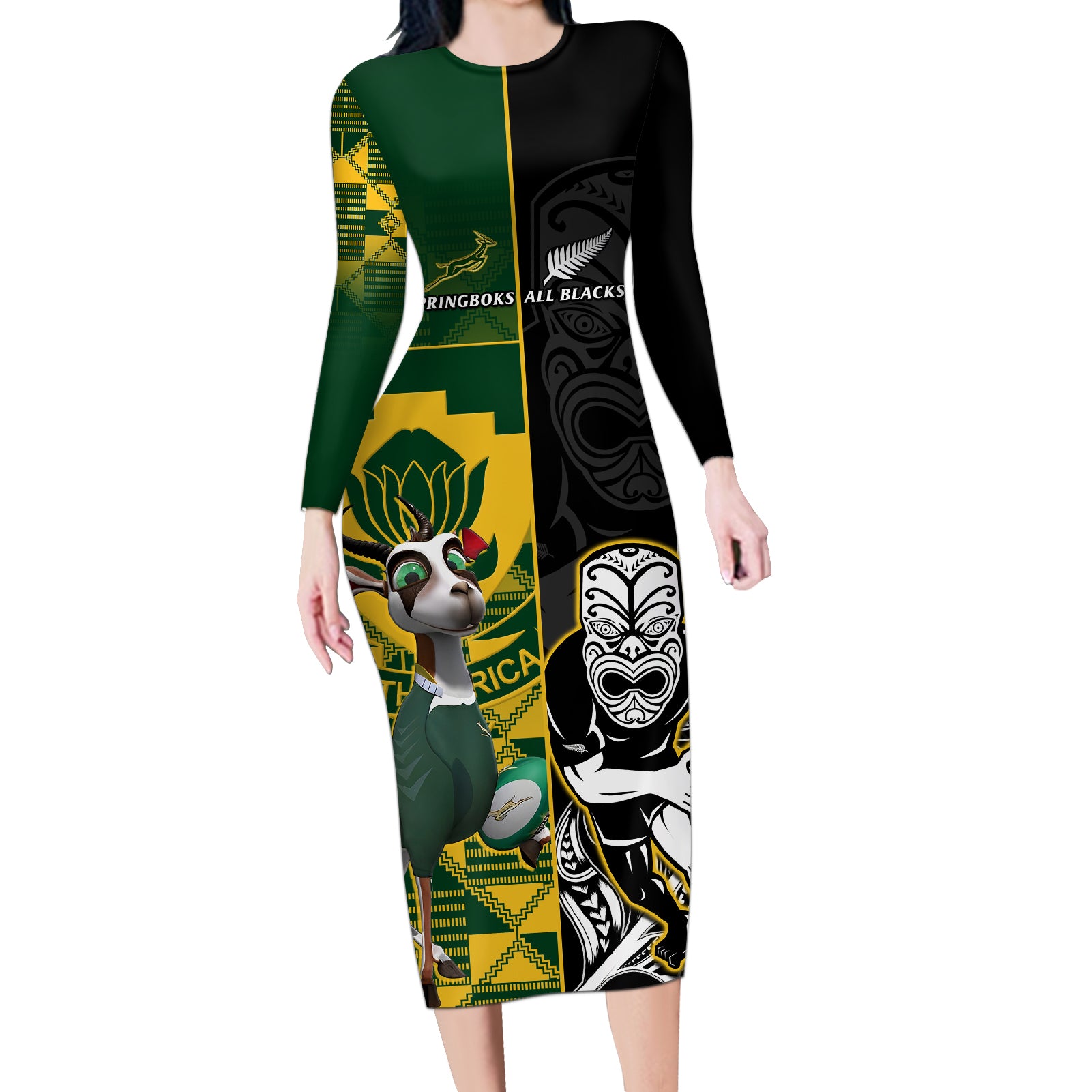 South Africa And Aotearoa Rugby Long Sleeve Bodycon Dress 2023 Springboks Kente Combine All Black Maori Fern LT14 Long Dress Green - Polynesian Pride