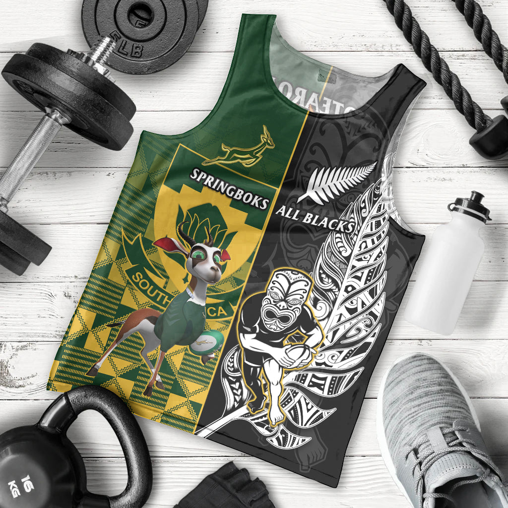 South Africa And Aotearoa Rugby Men Tank Top 2023 Springboks Kente Combine All Black Maori Fern LT14 Green - Polynesian Pride