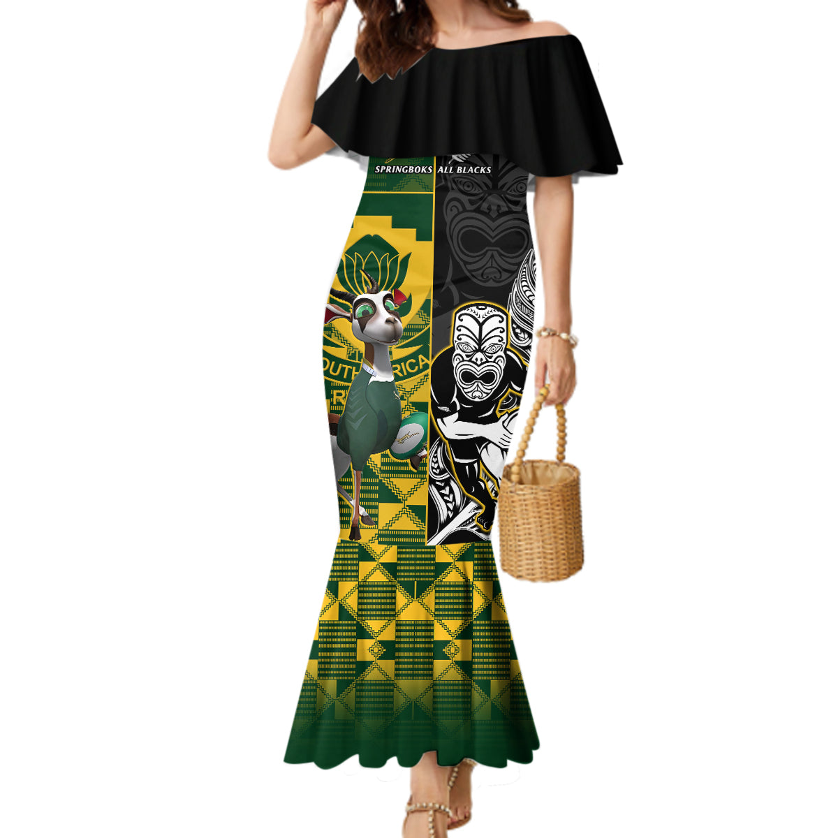 South Africa And Aotearoa Rugby Mermaid Dress 2023 Springboks Kente Combine All Black Maori Fern LT14 Women Green - Polynesian Pride