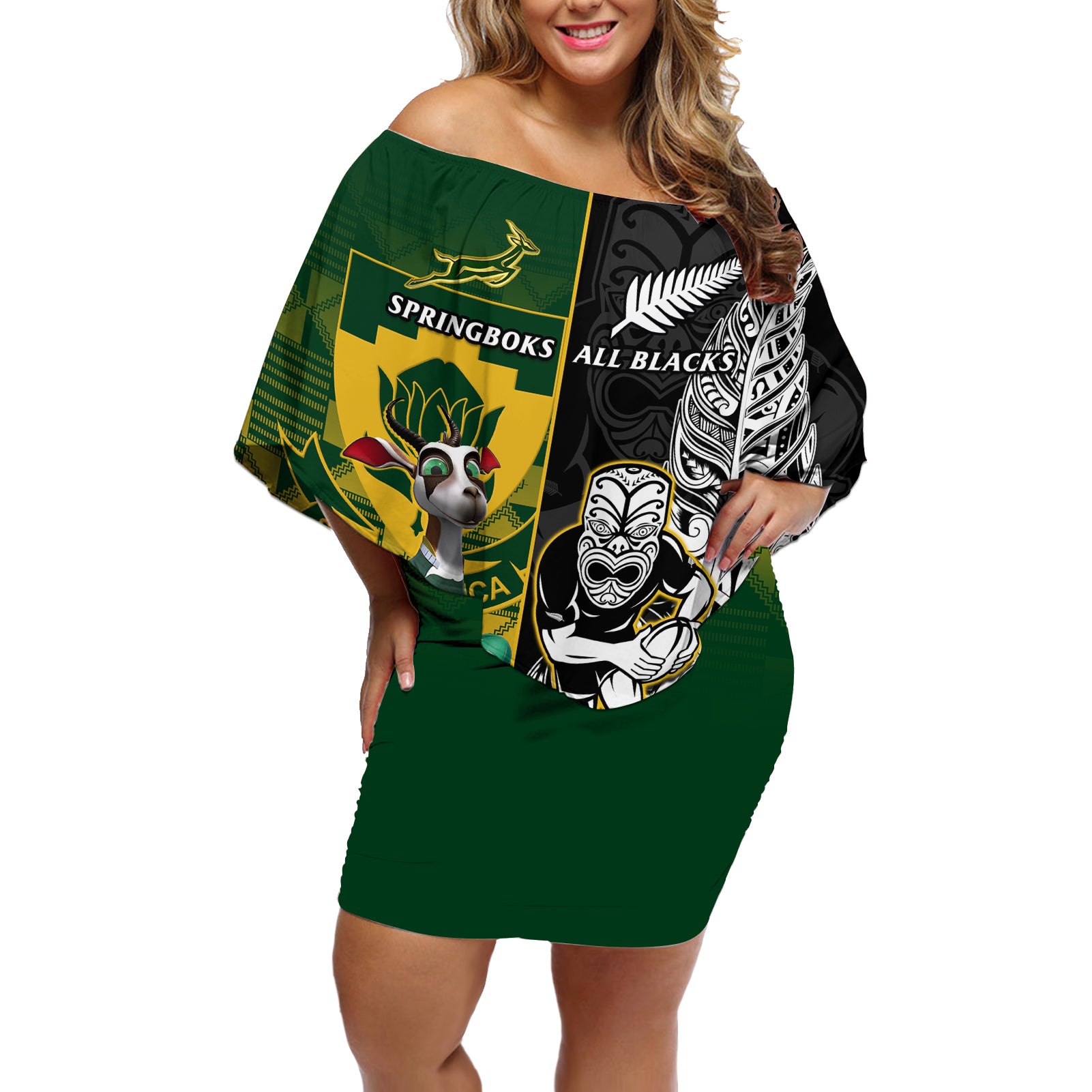 South Africa And Aotearoa Rugby Off Shoulder Short Dress 2023 Springboks Kente Combine All Black Maori Fern LT14 Women Green - Polynesian Pride