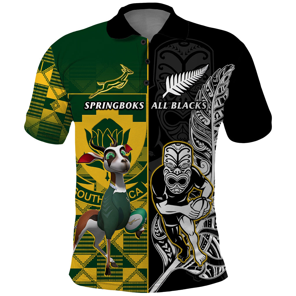 South Africa And Aotearoa Rugby Polo Shirt 2023 Springboks Kente Combine All Black Maori Fern LT14 Green - Polynesian Pride