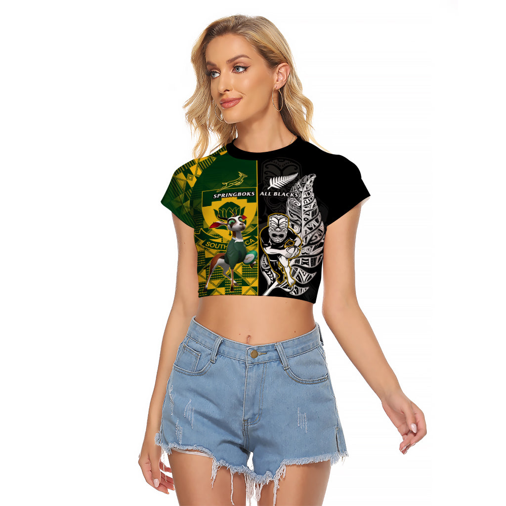 South Africa And Aotearoa Rugby Raglan Cropped T Shirt 2023 Springboks Kente Combine All Black Maori Fern LT14 Female Green - Polynesian Pride