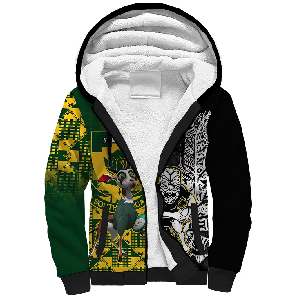 South Africa And Aotearoa Rugby Sherpa Hoodie 2023 Springboks Kente Combine All Black Maori Fern LT14 Unisex Green - Polynesian Pride