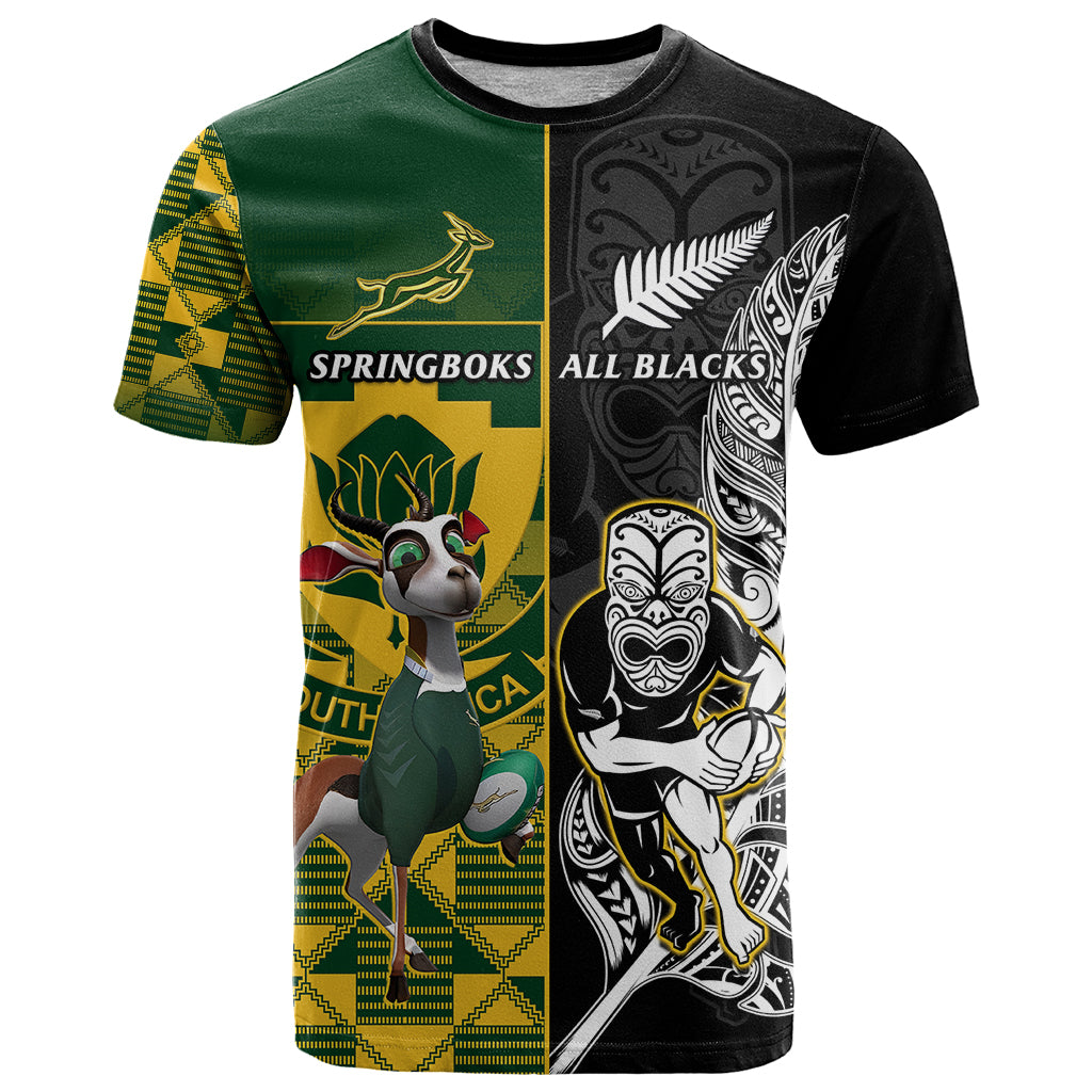 South Africa And Aotearoa Rugby T Shirt 2023 Springboks Kente Combine All Black Maori Fern LT14 Green - Polynesian Pride