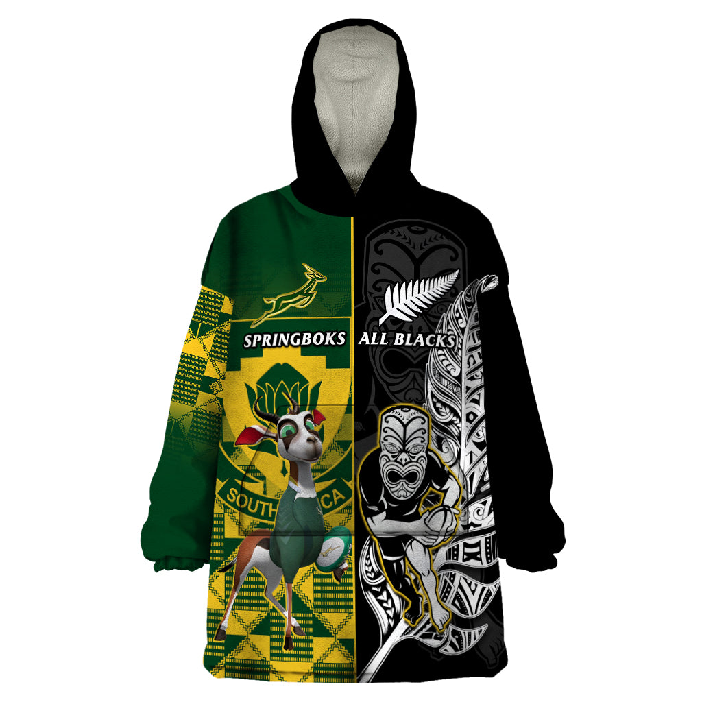 South Africa And Aotearoa Rugby Wearable Blanket Hoodie 2023 Springboks Kente Combine All Black Maori Fern LT14 One Size Green - Polynesian Pride