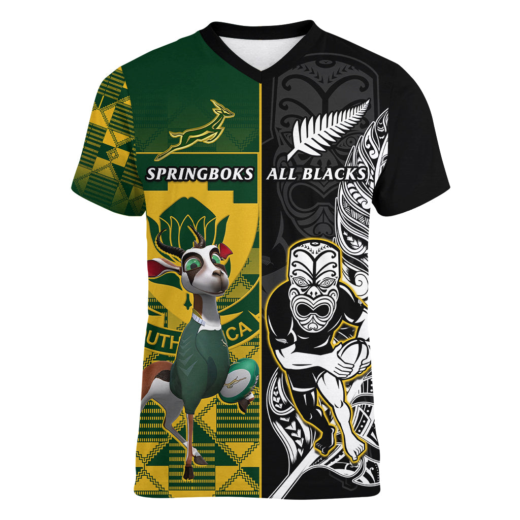 South Africa And Aotearoa Rugby Women V Neck T Shirt 2023 Springboks Kente Combine All Black Maori Fern LT14 Female Green - Polynesian Pride