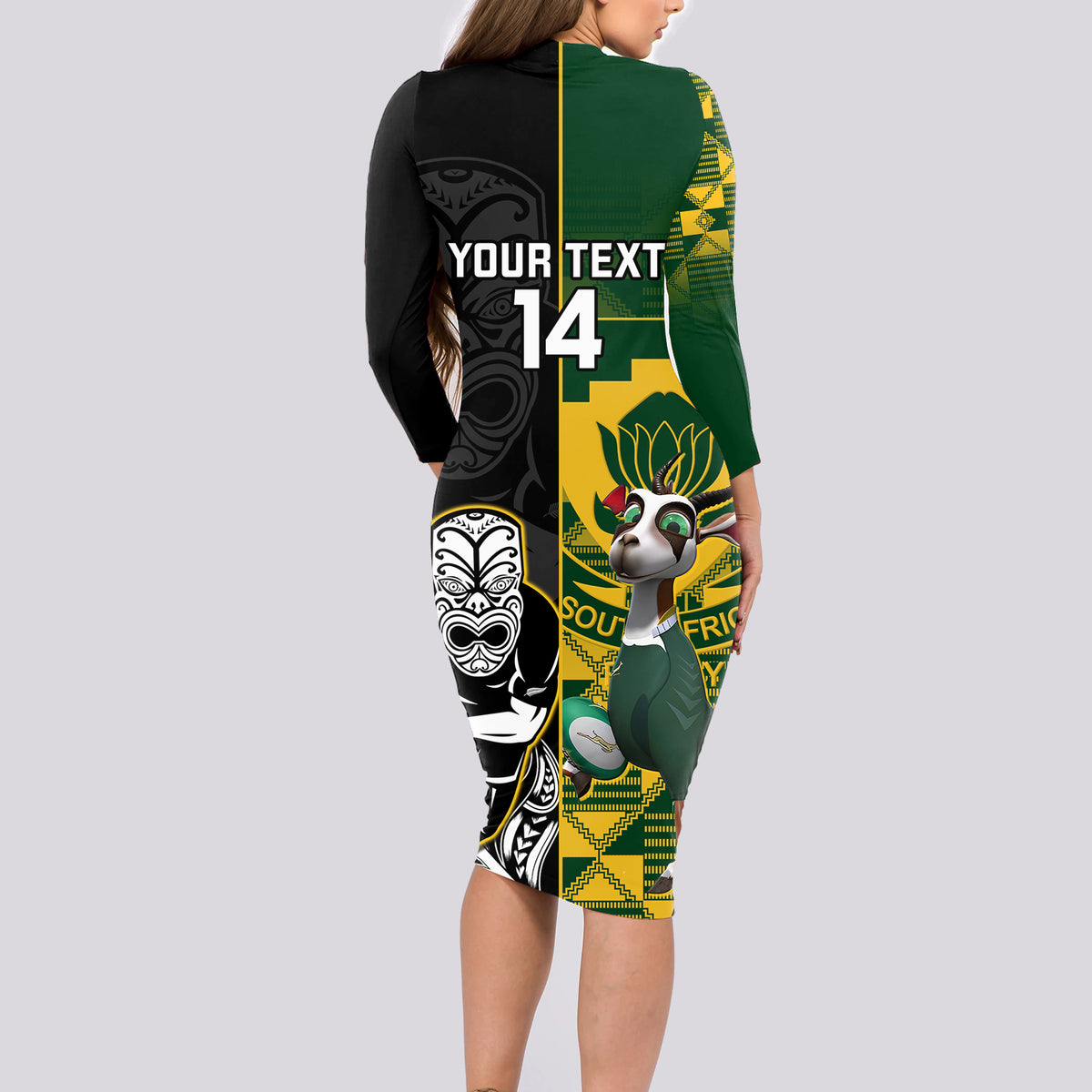 Custom South Africa And Aotearoa Rugby Long Sleeve Bodycon Dress 2023 Springboks Kente Combine All Black Maori Fern LT14 - Polynesian Pride