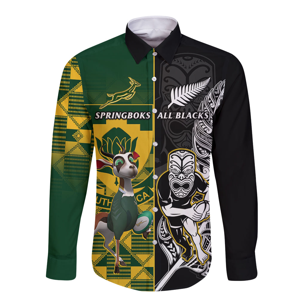 Custom South Africa And Aotearoa Rugby Long Sleeve Button Shirt 2023 Springboks Kente Combine All Black Maori Fern LT14 Unisex Green - Polynesian Pride