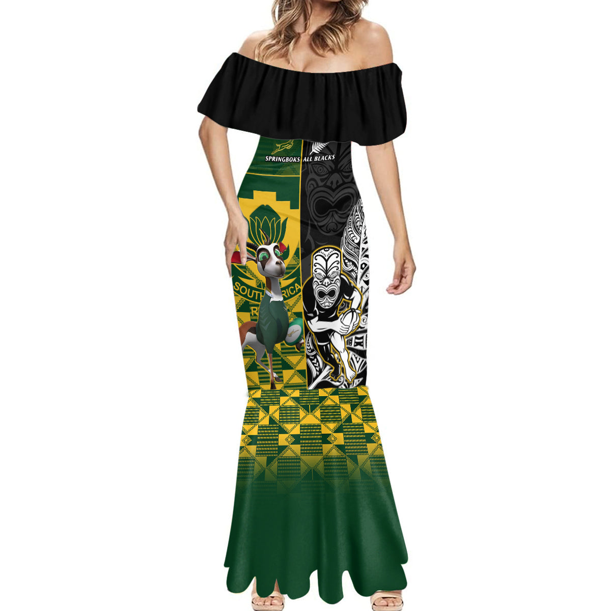 Custom South Africa And Aotearoa Rugby Mermaid Dress 2023 Springboks Kente Combine All Black Maori Fern LT14 - Polynesian Pride