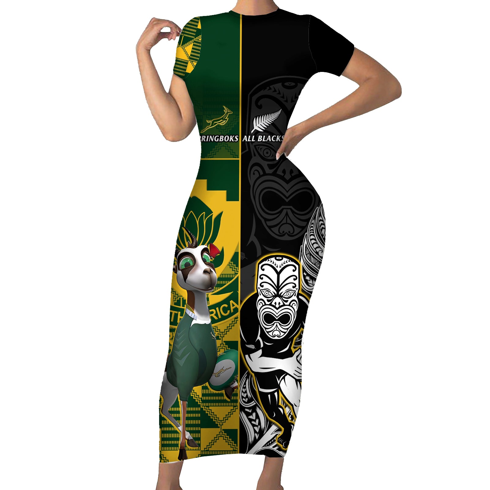 Custom South Africa And Aotearoa Rugby Short Sleeve Bodycon Dress 2023 Springboks Kente Combine All Black Maori Fern LT14 Long Dress Green - Polynesian Pride