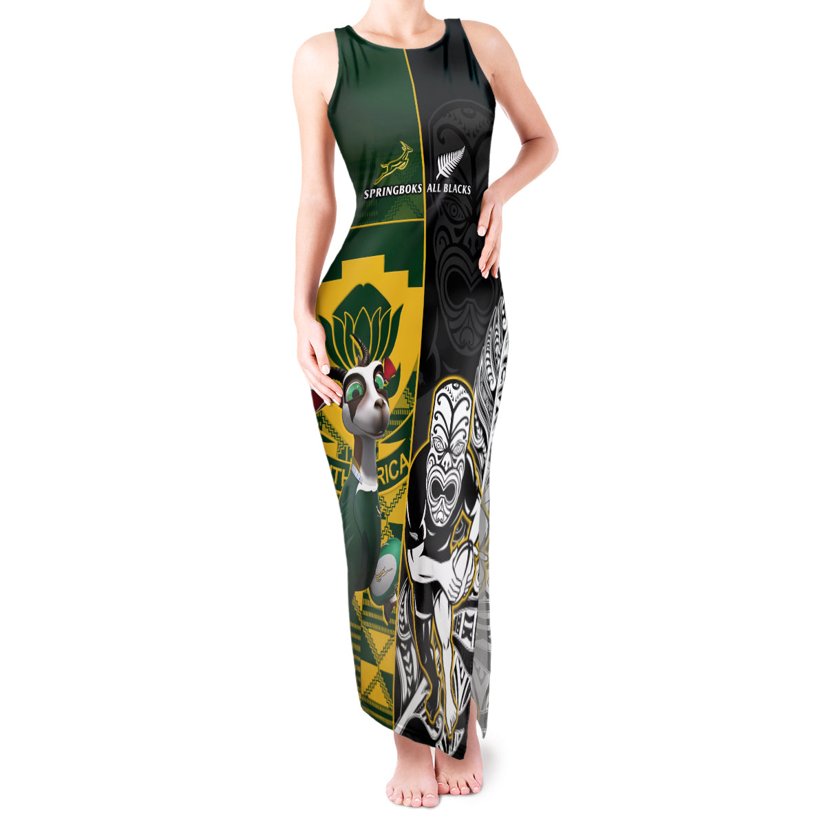 Custom South Africa And Aotearoa Rugby Tank Maxi Dress 2023 Springboks Kente Combine All Black Maori Fern LT14 Women Green - Polynesian Pride