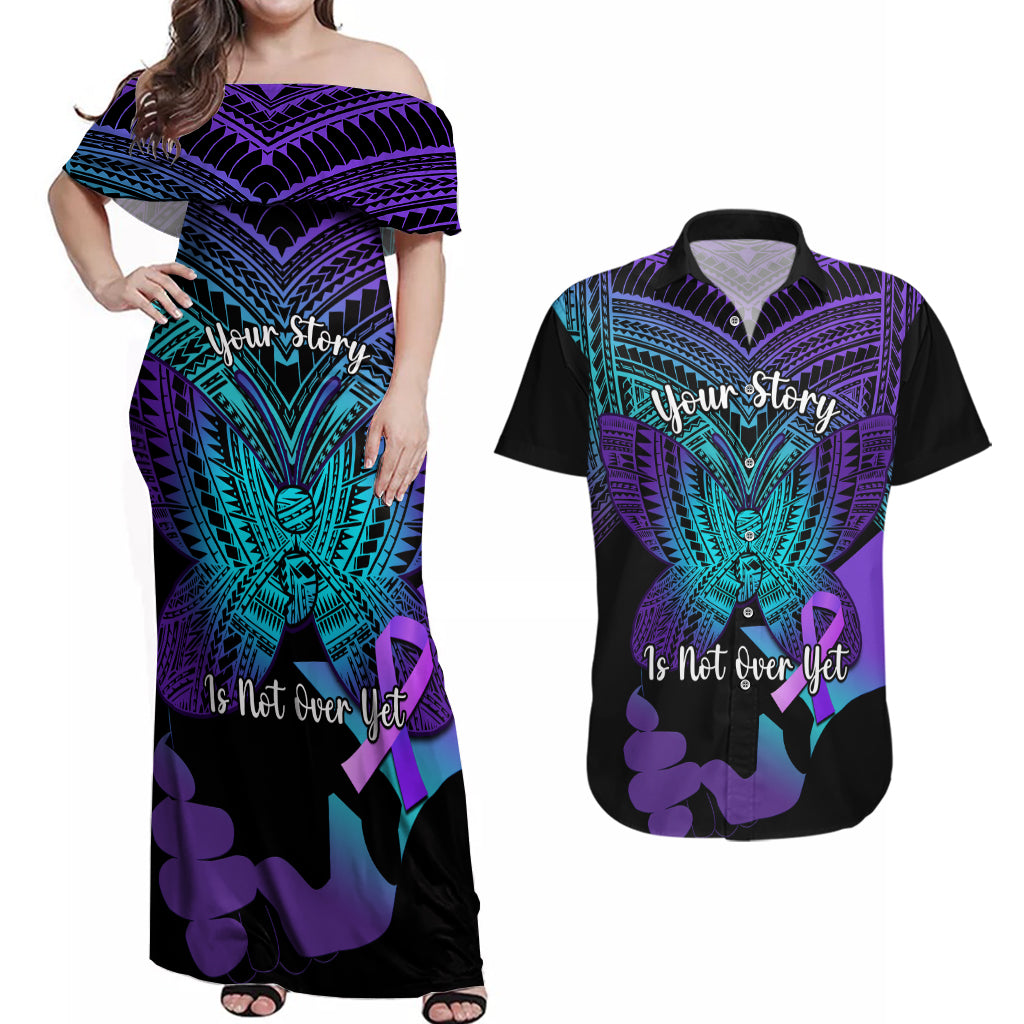 Suicide Awareness Your Story Is Not Over Yet Couples Matching Off Shoulder Maxi Dress and Hawaiian Shirt Polynesian Butterfly Tattoo LT14 Purple - Polynesian Pride