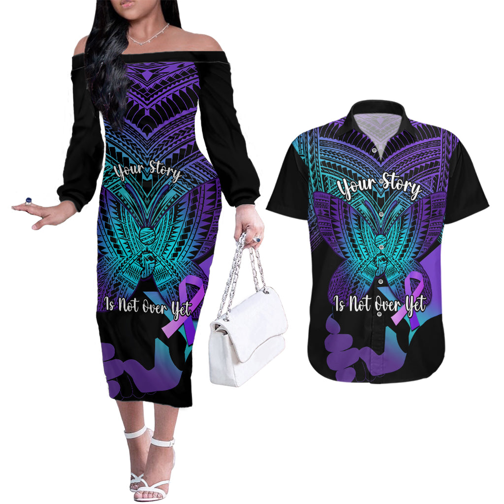 Suicide Awareness Your Story Is Not Over Yet Couples Matching Off The Shoulder Long Sleeve Dress and Hawaiian Shirt Polynesian Butterfly Tattoo LT14 Purple - Polynesian Pride