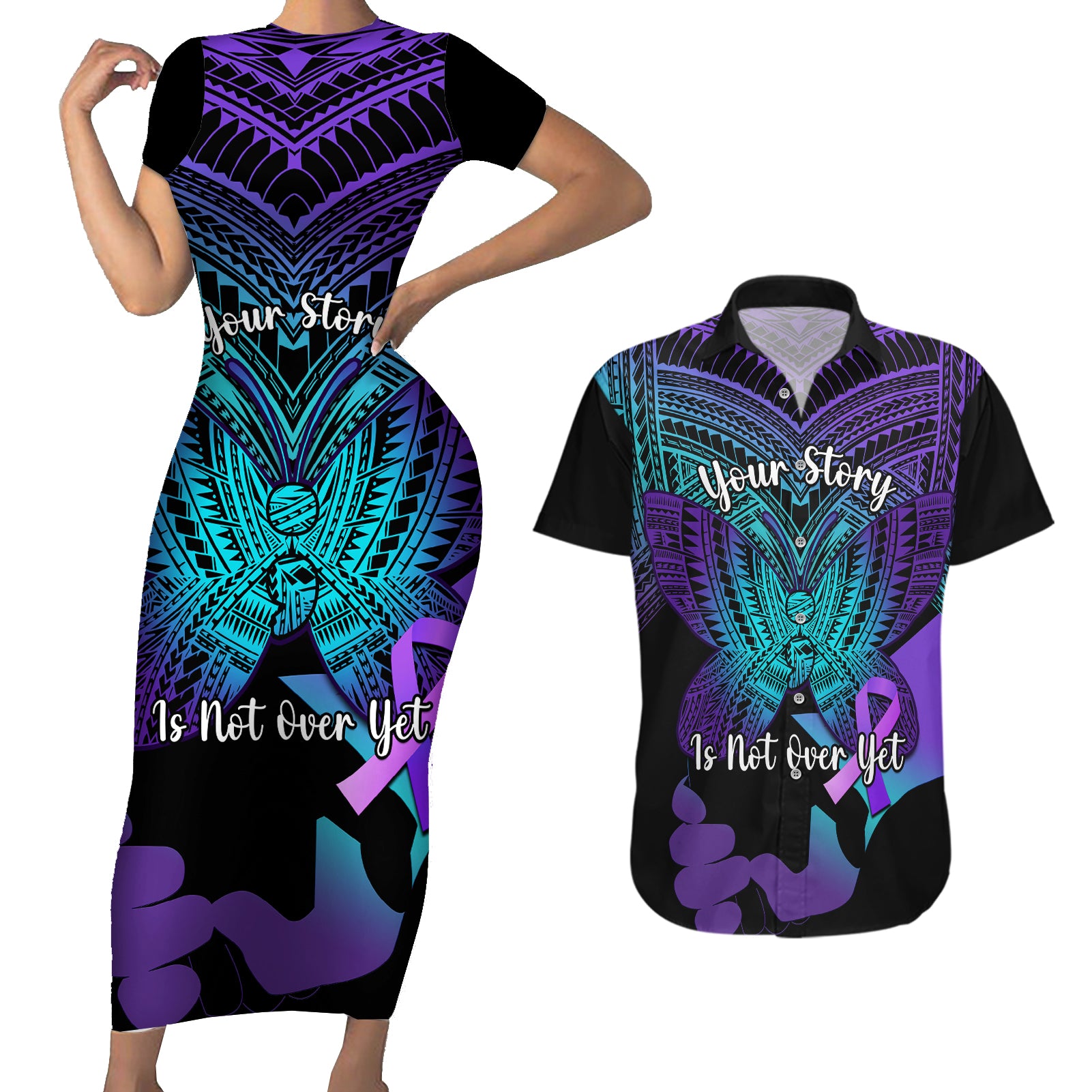 Suicide Awareness Your Story Is Not Over Yet Couples Matching Short Sleeve Bodycon Dress and Hawaiian Shirt Polynesian Butterfly Tattoo LT14 Purple - Polynesian Pride