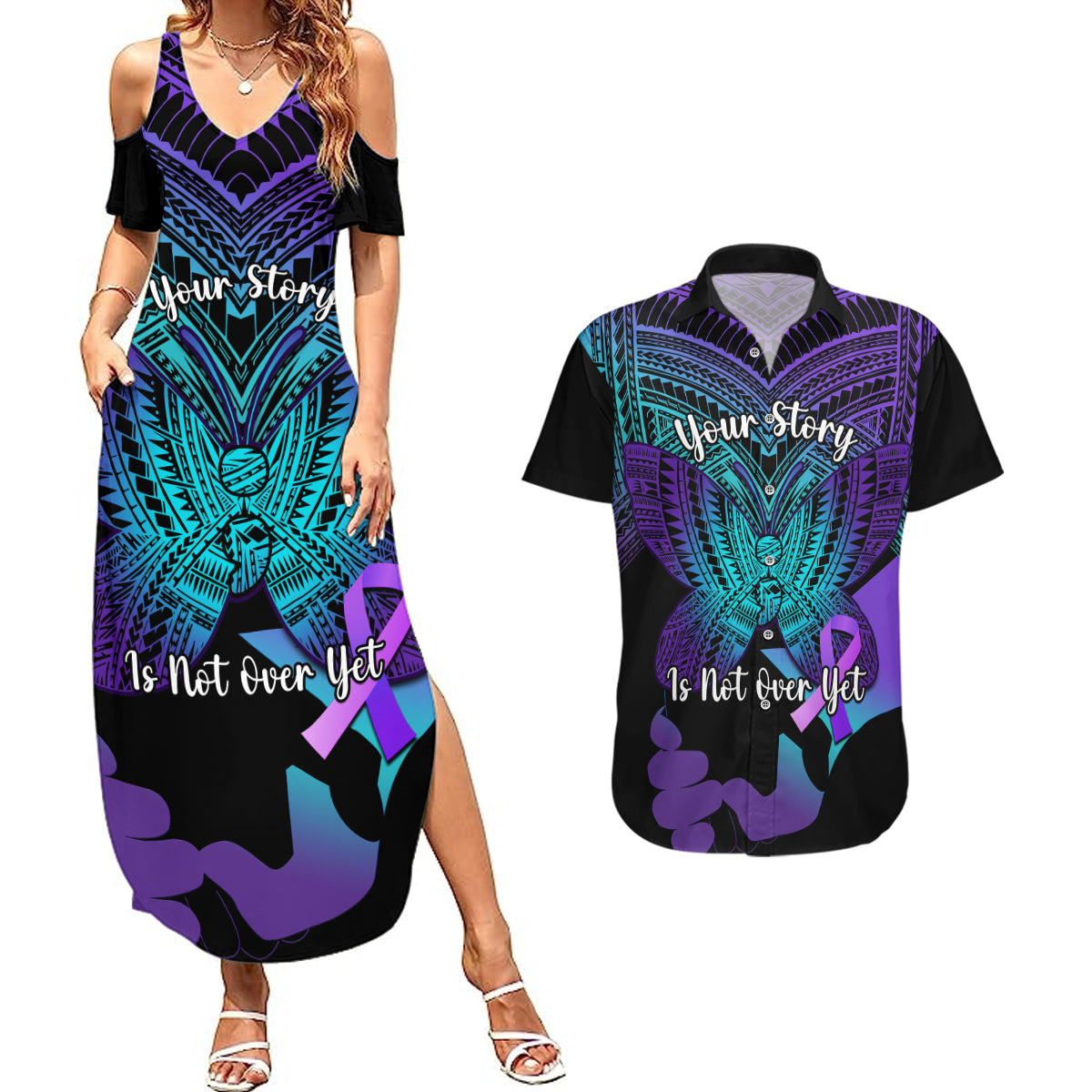 Suicide Awareness Your Story Is Not Over Yet Couples Matching Summer Maxi Dress and Hawaiian Shirt Polynesian Butterfly Tattoo LT14 Purple - Polynesian Pride