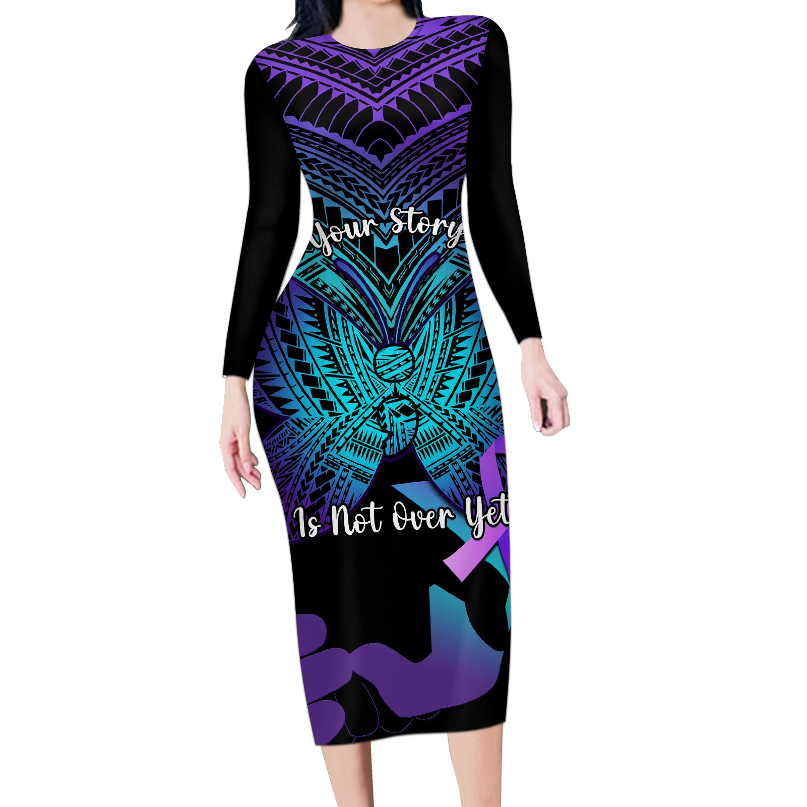 Suicide Awareness Your Story Is Not Over Yet Long Sleeve Bodycon Dress Polynesian Butterfly Tattoo LT14 Long Dress Purple - Polynesian Pride