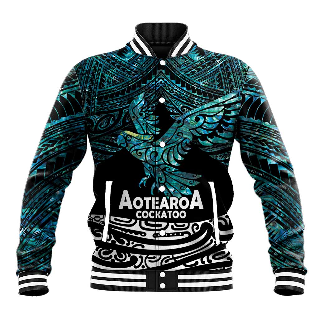 New Zealand Sulphur-crested Cockatoo Baseball Jacket Aotearoa Maori Mix Paua Shell