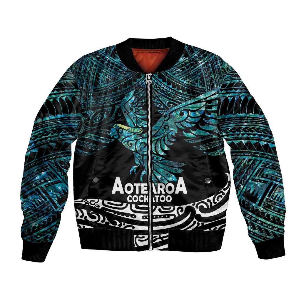 New Zealand Sulphur-crested Cockatoo Bomber Jacket Aotearoa Maori Mix Paua Shell