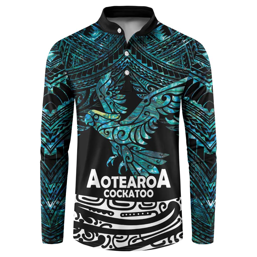 New Zealand Sulphur-crested Cockatoo Button Sweatshirt Aotearoa Maori Mix Paua Shell LT14 Turquoise - Polynesian Pride