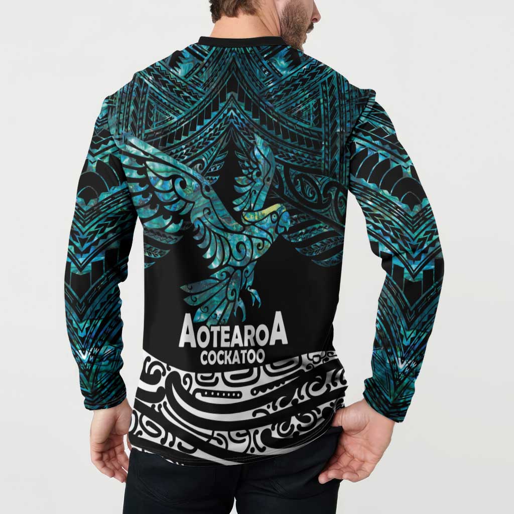 New Zealand Sulphur-crested Cockatoo Button Sweatshirt Aotearoa Maori Mix Paua Shell LT14 - Polynesian Pride