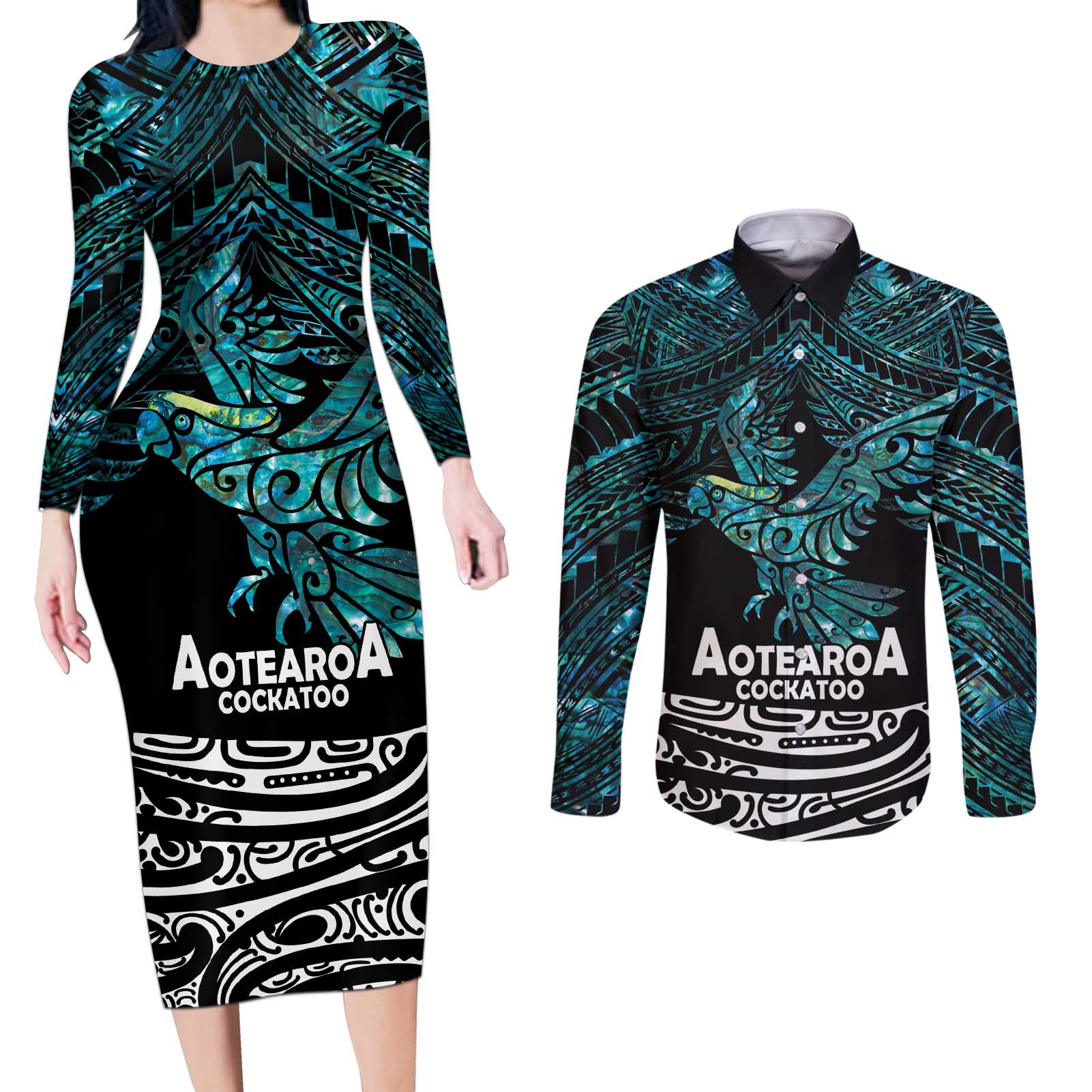 New Zealand Sulphur-crested Cockatoo Couples Matching Long Sleeve Bodycon Dress and Long Sleeve Button Shirt Aotearoa Maori Mix Paua Shell