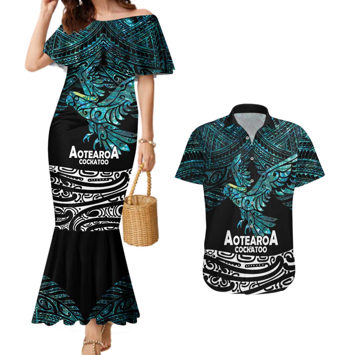 New Zealand Sulphur-crested Cockatoo Couples Matching Mermaid Dress and Hawaiian Shirt Aotearoa Maori Mix Paua Shell