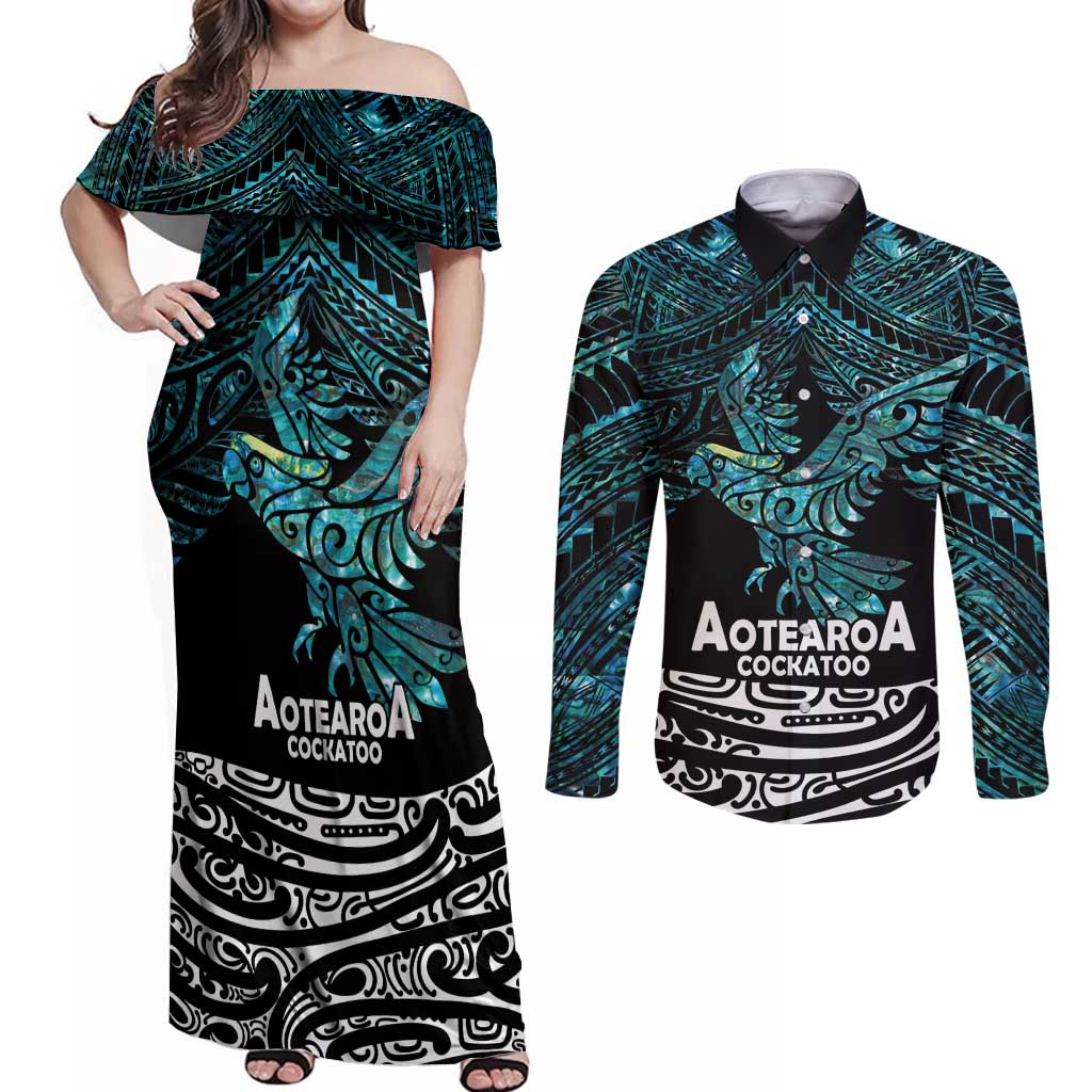 New Zealand Sulphur-crested Cockatoo Couples Matching Off Shoulder Maxi Dress and Long Sleeve Button Shirt Aotearoa Maori Mix Paua Shell