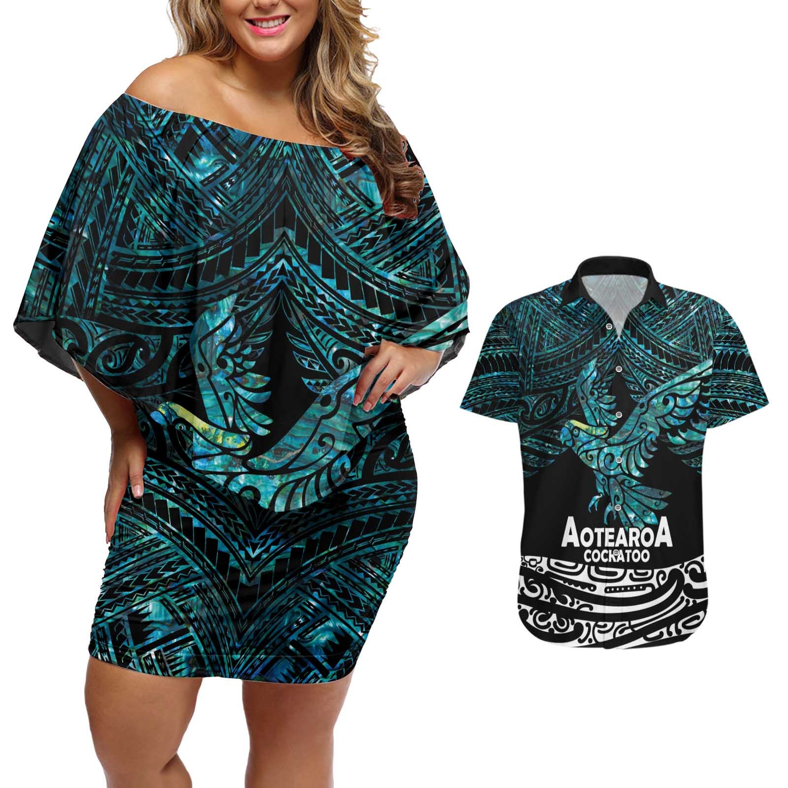 New Zealand Sulphur-crested Cockatoo Couples Matching Off Shoulder Short Dress and Hawaiian Shirt Aotearoa Maori Mix Paua Shell LT14 Turquoise - Polynesian Pride