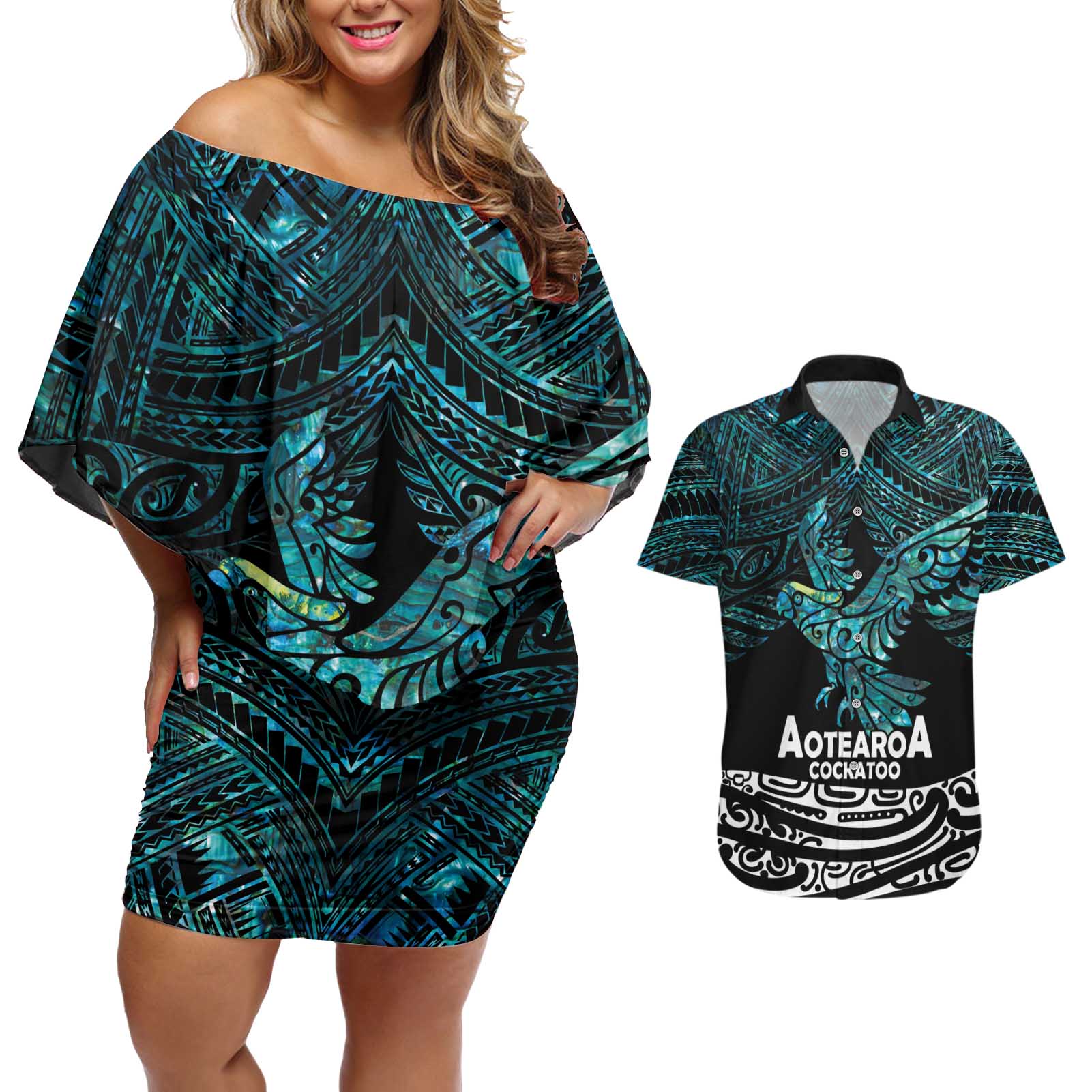 New Zealand Sulphur-crested Cockatoo Couples Matching Off Shoulder Short Dress and Hawaiian Shirt Aotearoa Maori Mix Paua Shell