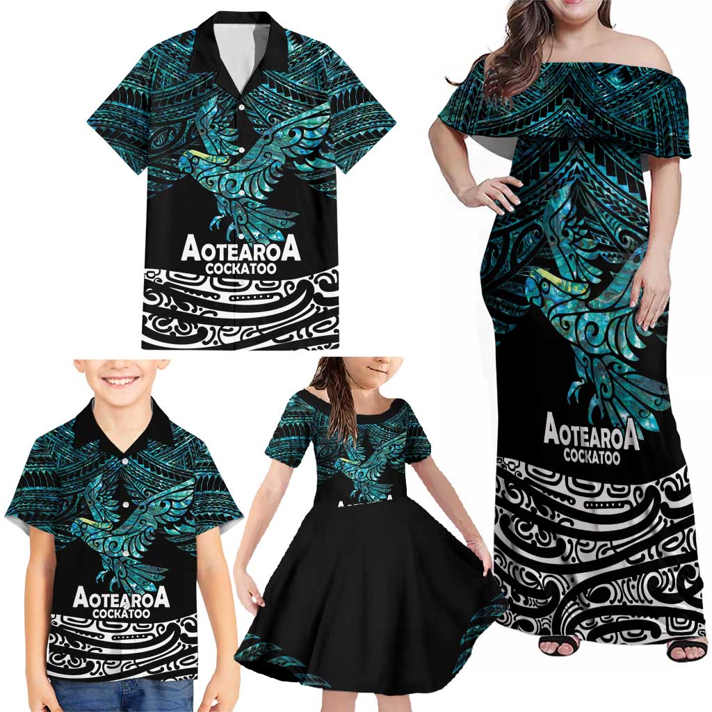 New Zealand Sulphur-crested Cockatoo Family Matching Off Shoulder Maxi Dress and Hawaiian Shirt Aotearoa Maori Mix Paua Shell