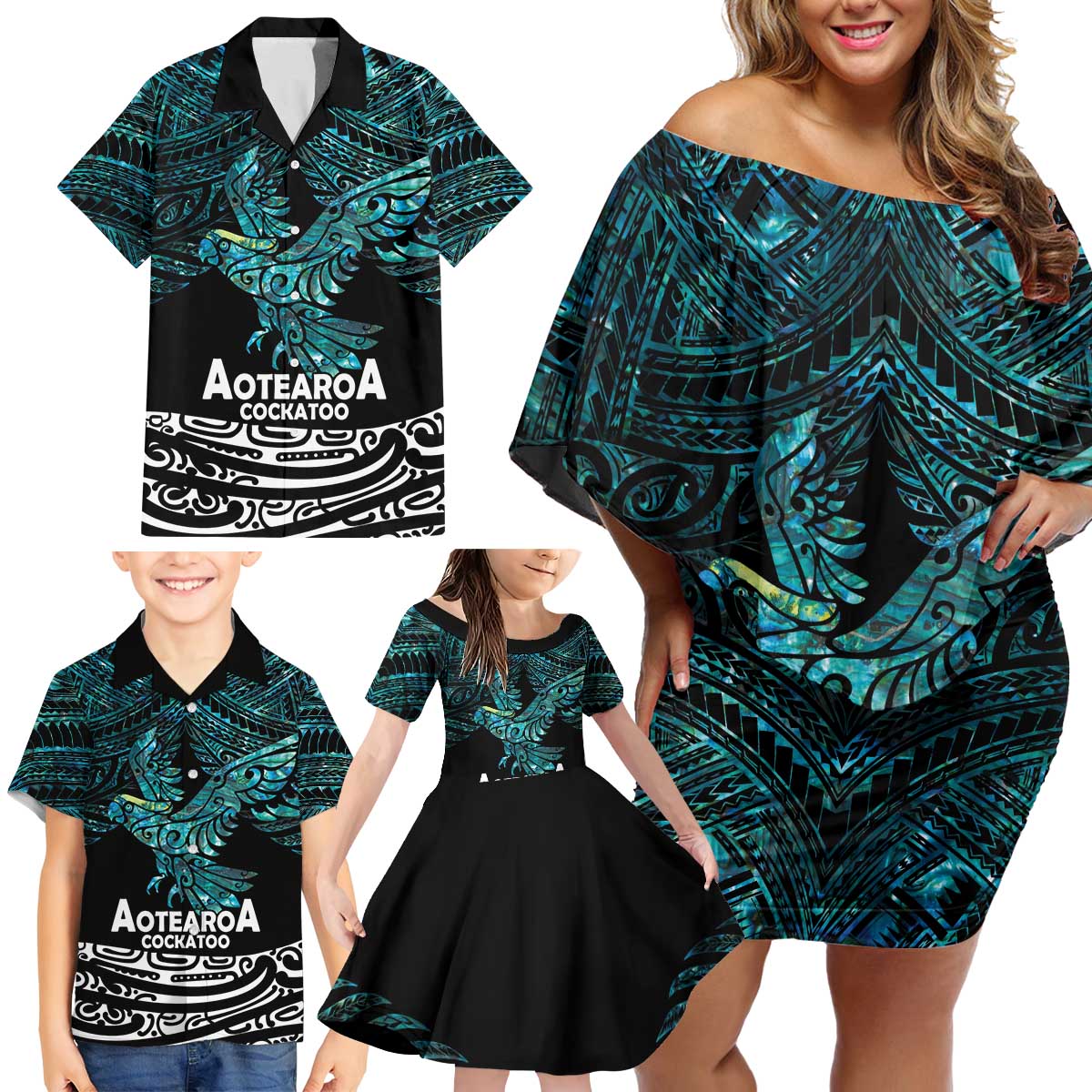 New Zealand Sulphur-crested Cockatoo Family Matching Off Shoulder Short Dress and Hawaiian Shirt Aotearoa Maori Mix Paua Shell