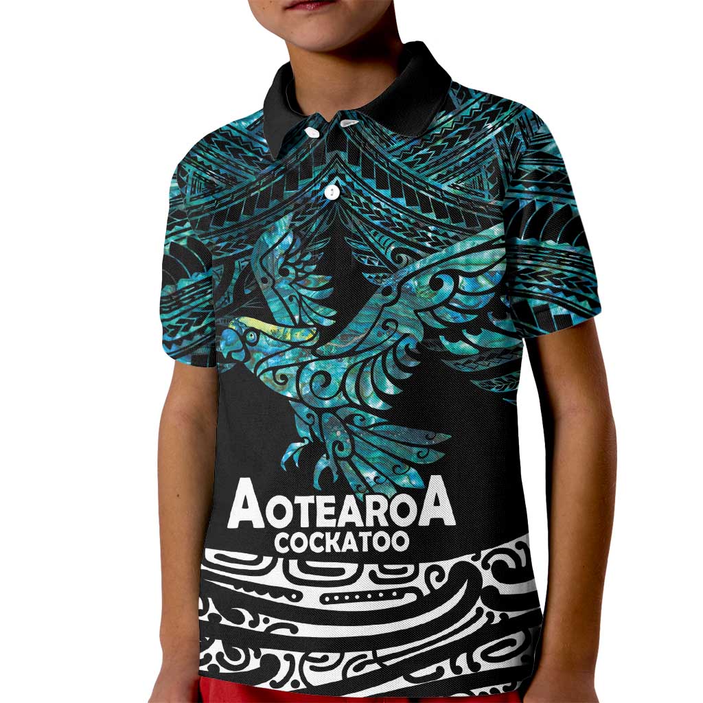 New Zealand Sulphur-crested Cockatoo Kid Polo Shirt Aotearoa Maori Mix Paua Shell