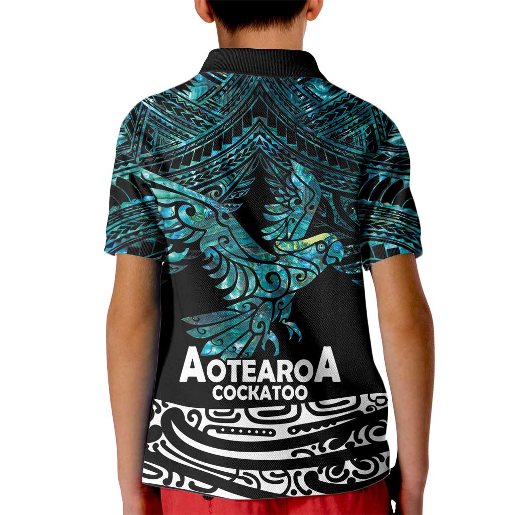 New Zealand Sulphur-crested Cockatoo Kid Polo Shirt Aotearoa Maori Mix Paua Shell
