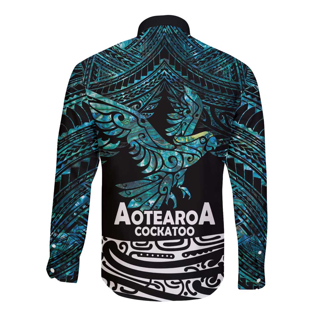 New Zealand Sulphur-crested Cockatoo Long Sleeve Button Shirt Aotearoa Maori Mix Paua Shell