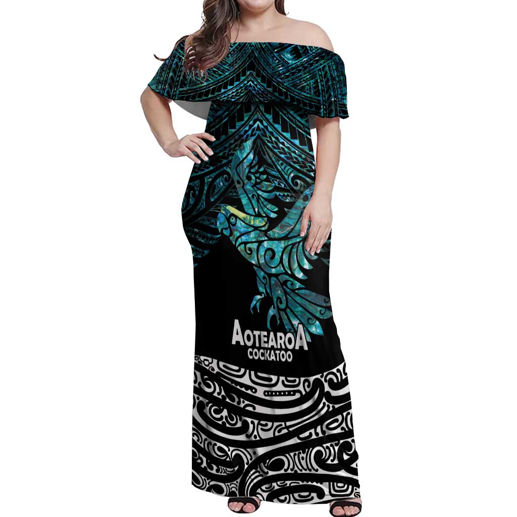 New Zealand Sulphur-crested Cockatoo Off Shoulder Maxi Dress Aotearoa Maori Mix Paua Shell LT14 Women Turquoise - Polynesian Pride